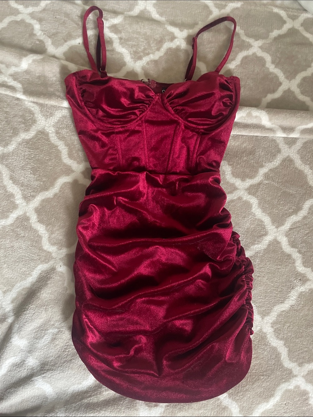 Windsor Burgundy Velvet Ruched Mini Dress with Spaghetti Straps